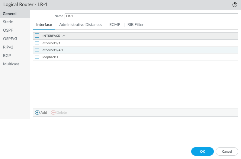 Logical Router configuration window showing interfaces tab with assigned interfaces.